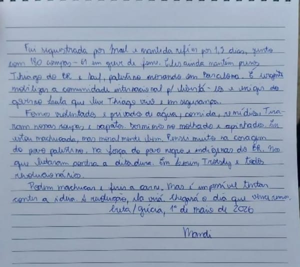 "Fomos violentados, privados de água, comida e remédio, tiraram nossas roupas e sapatos": Leia carta de Mandi Coelho