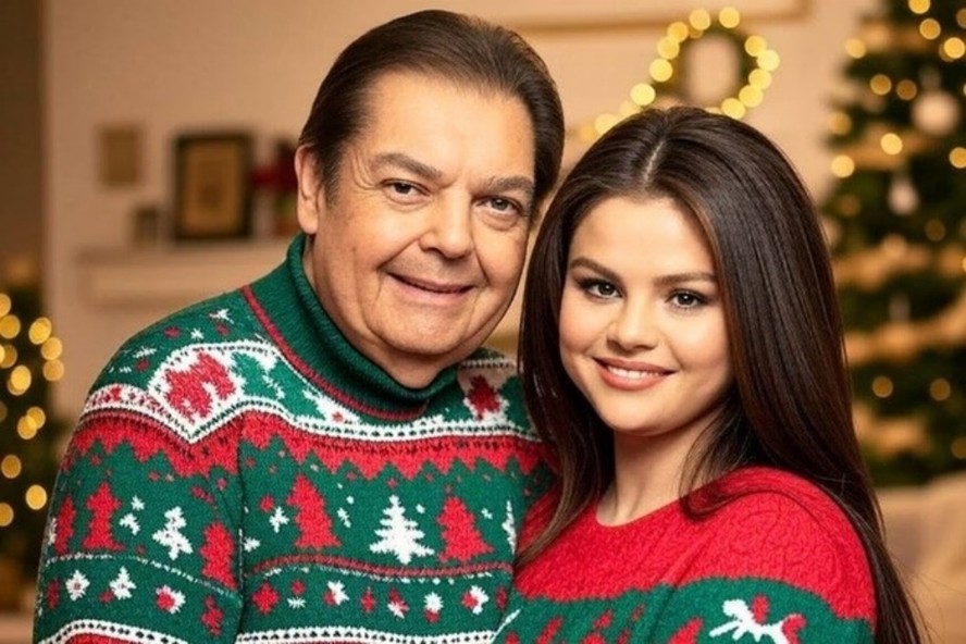 Faustão e Selena Gomez com suéter de natal. Imagem gerada por IA.
